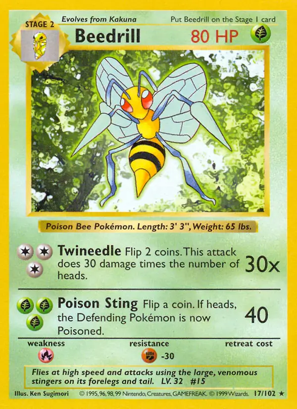 Pokemon PSA 9 Shadowless Base Set Beedrill Non-Holo Rare good (17/102) MINT